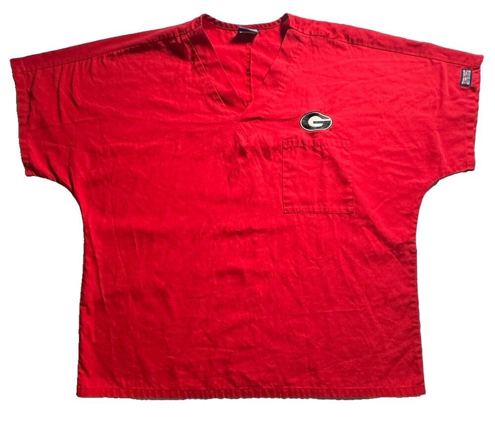 Georgia Bulldogs Scrub Top Red V Neck Embroidered Logo Size Large Unisex